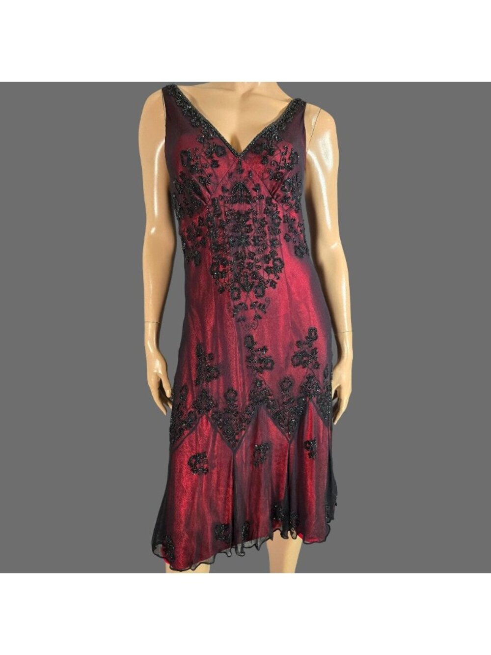 Vintage Scala Silk Beaded Midi Dress Red Black Size L Whimsigoth Gothic Fairy